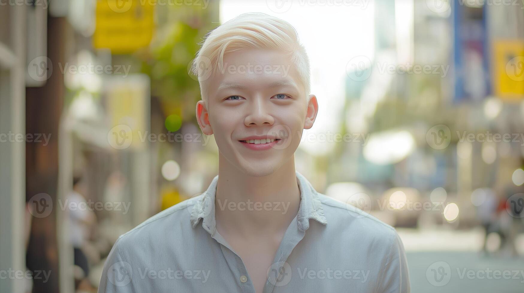 Young Southeast Asian Albino Male in Urban Setting, Casual Street Scene, Diverse Representation for Print and Digital Media photo