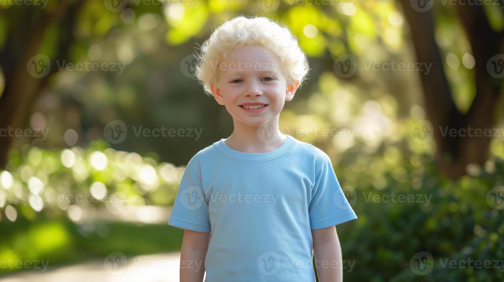 Smiling Young Israeli Albino Boy in a Park with Greenery and Sunlight, Childhood Joy, Nature Background, Vibrant Colors, Summer Day photo