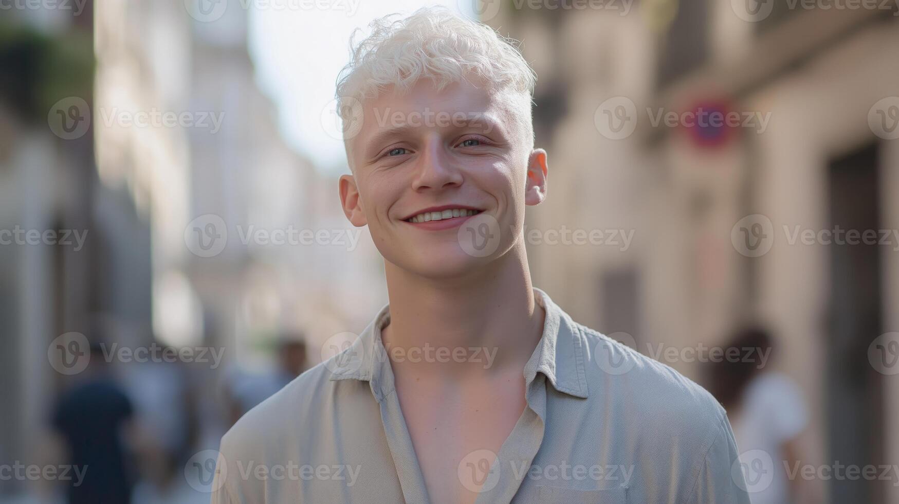Portrait of a Smiling Young Italian Albino Man in an Urban Setting, Ideal for Diversity, Equality Concepts photo
