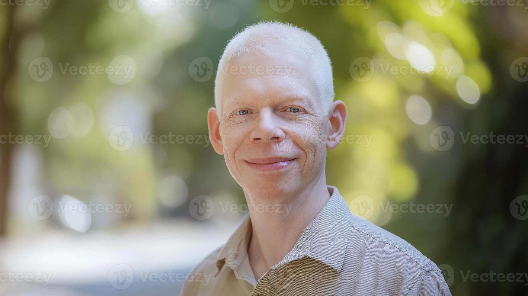 Portrait of a Middle Aged Albino Man with a Warm Smile in a Lush Outdoor Setting, Embracing Diversity photo