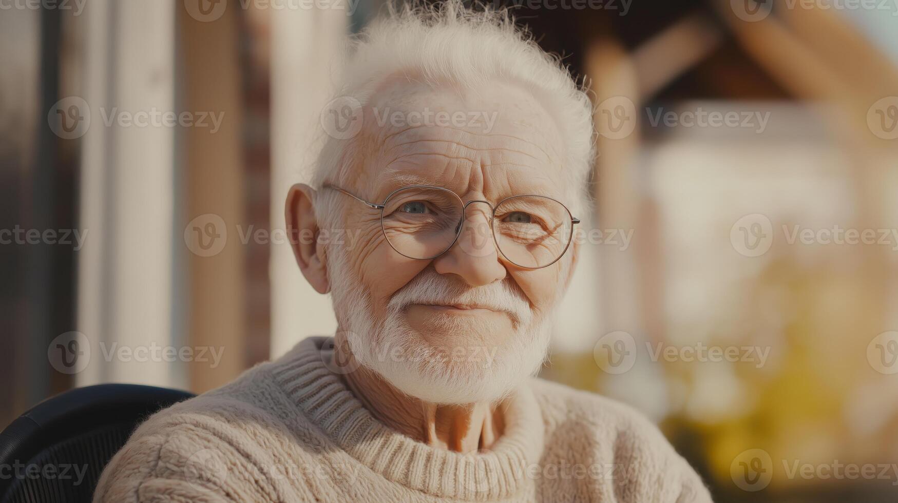 Elderly Polish Man with Albinism, Thoughtful and Relaxed, Wearing Glasses, Warm Sweater, Outdoor Portrait, 7075 Years Old photo