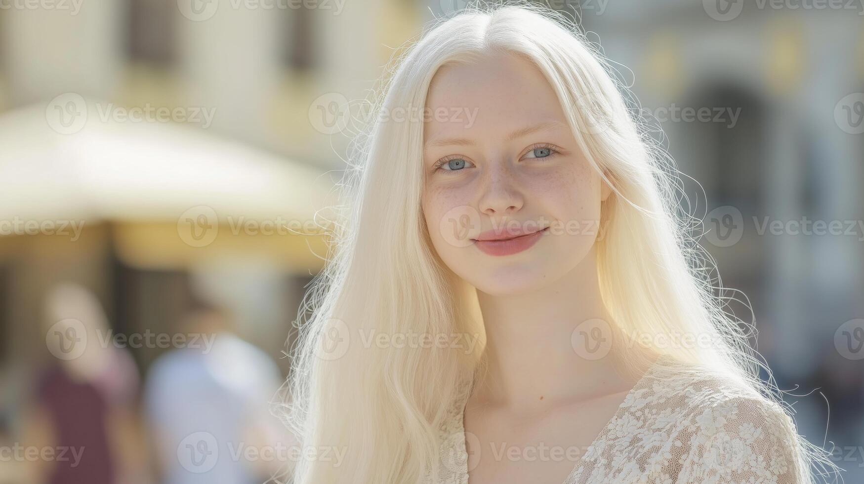 Young Polish Woman with Albinism Posing Outdoors in Sunlit Urban Scene for Diverse Stock Photography photo