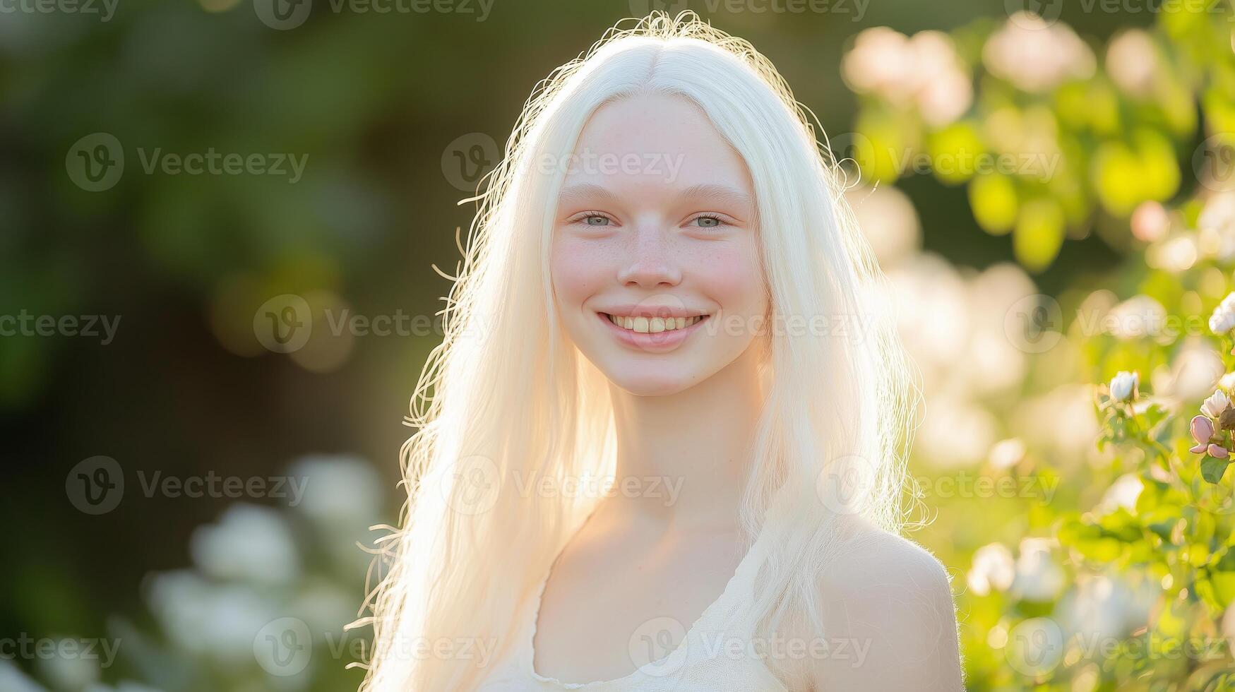 Young Smiling Israeli Albino Woman in a Lush Garden, Sundrenched, Natural Beauty, Perfect for Posters, Cards, Invitations photo