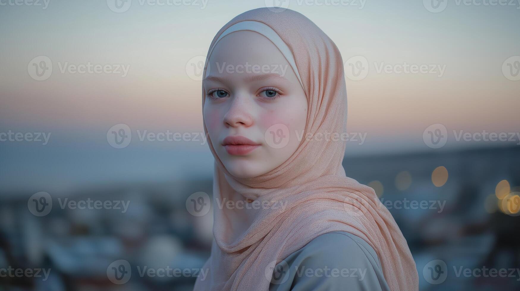 Young Arab Teen with Albinism Wearing Hijab in Evening Cityscape Stock Photography for Diversity and Inclusivity photo
