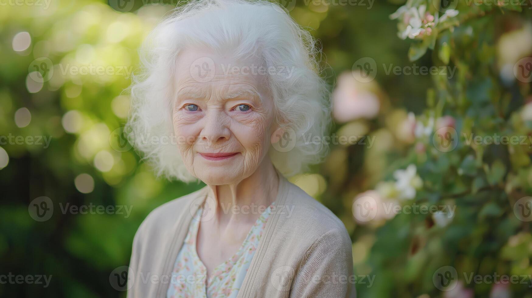 Elderly British Albino Woman in a Blooming Garden, Smiling, Representing Diversity and Aging Gracefully, Ideal for Nature and Lifestyle Print, Card, Poster photo