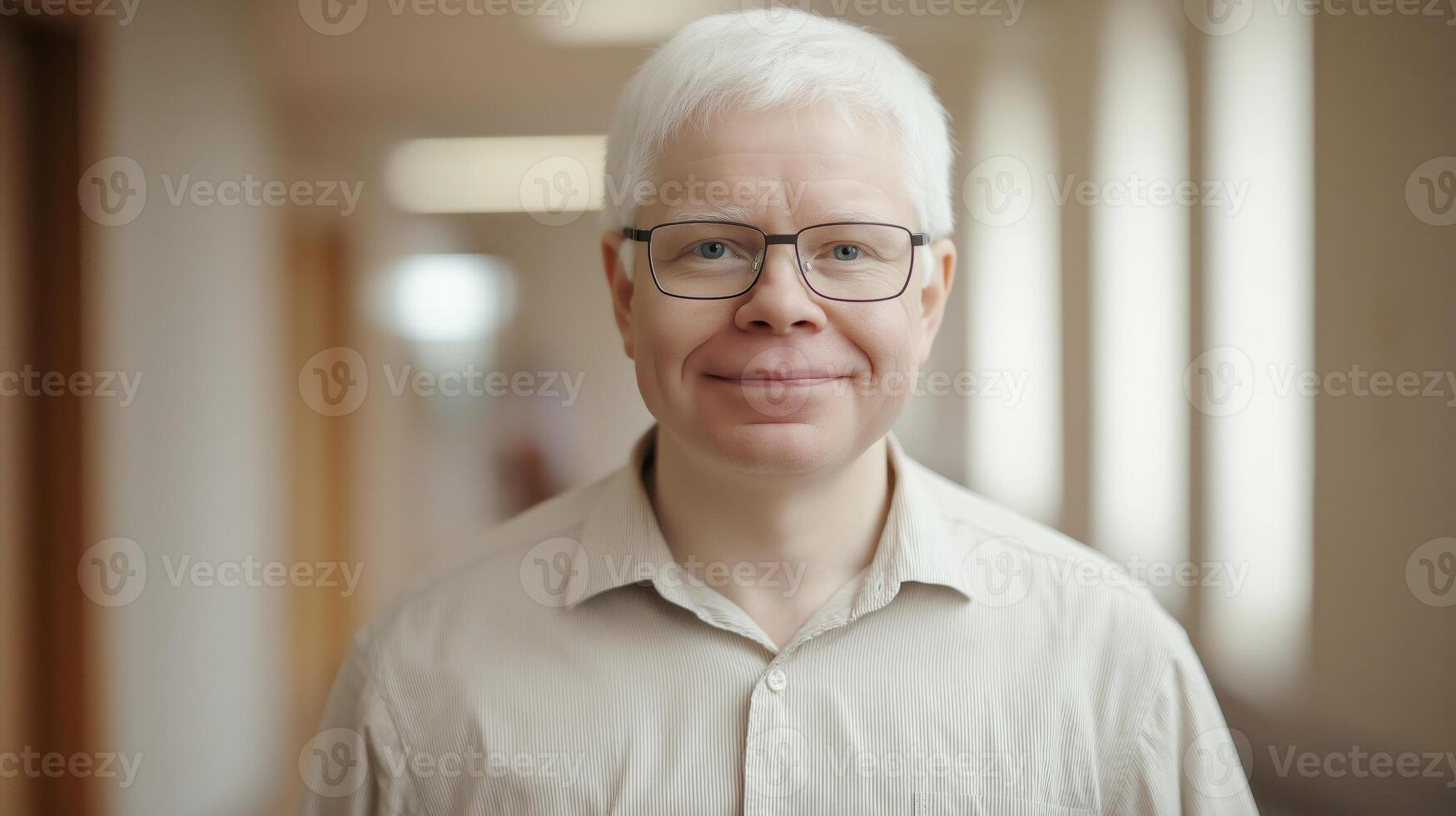 Middleaged Polish Man with Albinism Smiling in Casual Office Setting, Stock Photography for Diversity and Inclusion photo