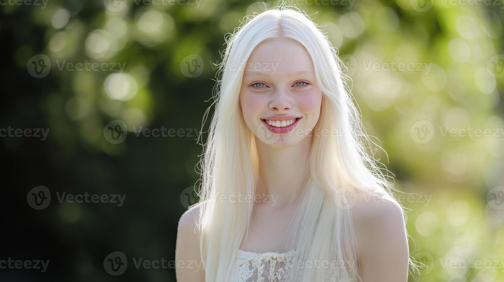 Portrait of a Young Italian Albino Woman Smiling Outdoors, Natural Beauty, Diversity Representation photo