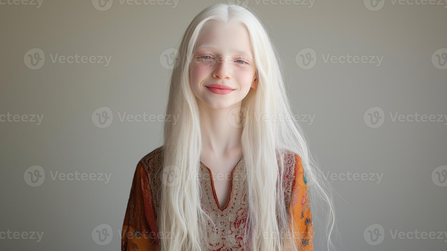 Portrait of a Pakistani Albino Teenage Girl with Long White Hair and Traditional Dress photo