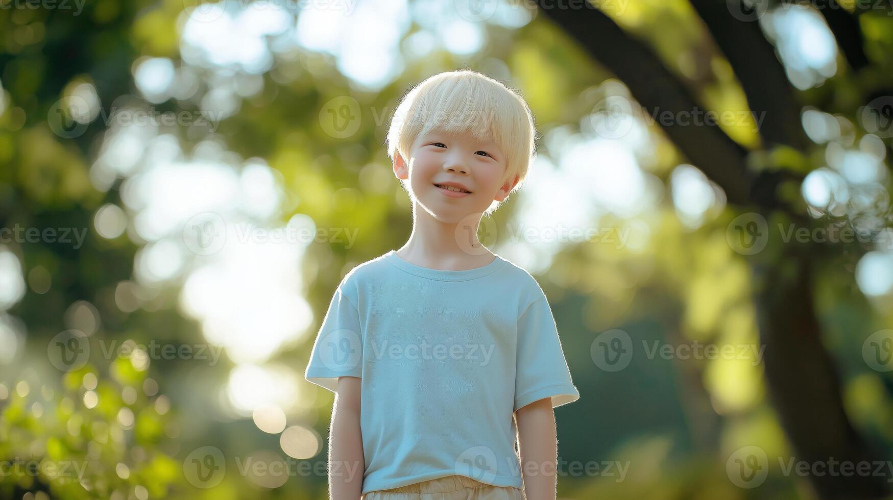Young Japanese Albino Boy Outdoors in Sunlit Forest, Natural Light Photography for Design, Card, Poster photo