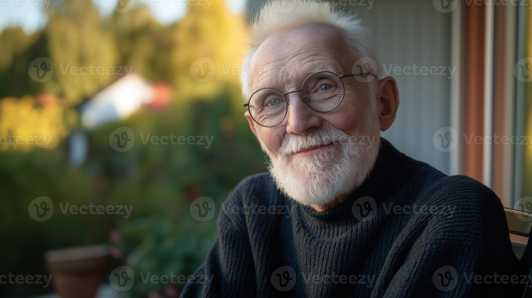 Elderly Polish Man with Albinism Sitting Outdoors in Sweater, Capturing Serenity and Diversity for Print and Web Designs photo