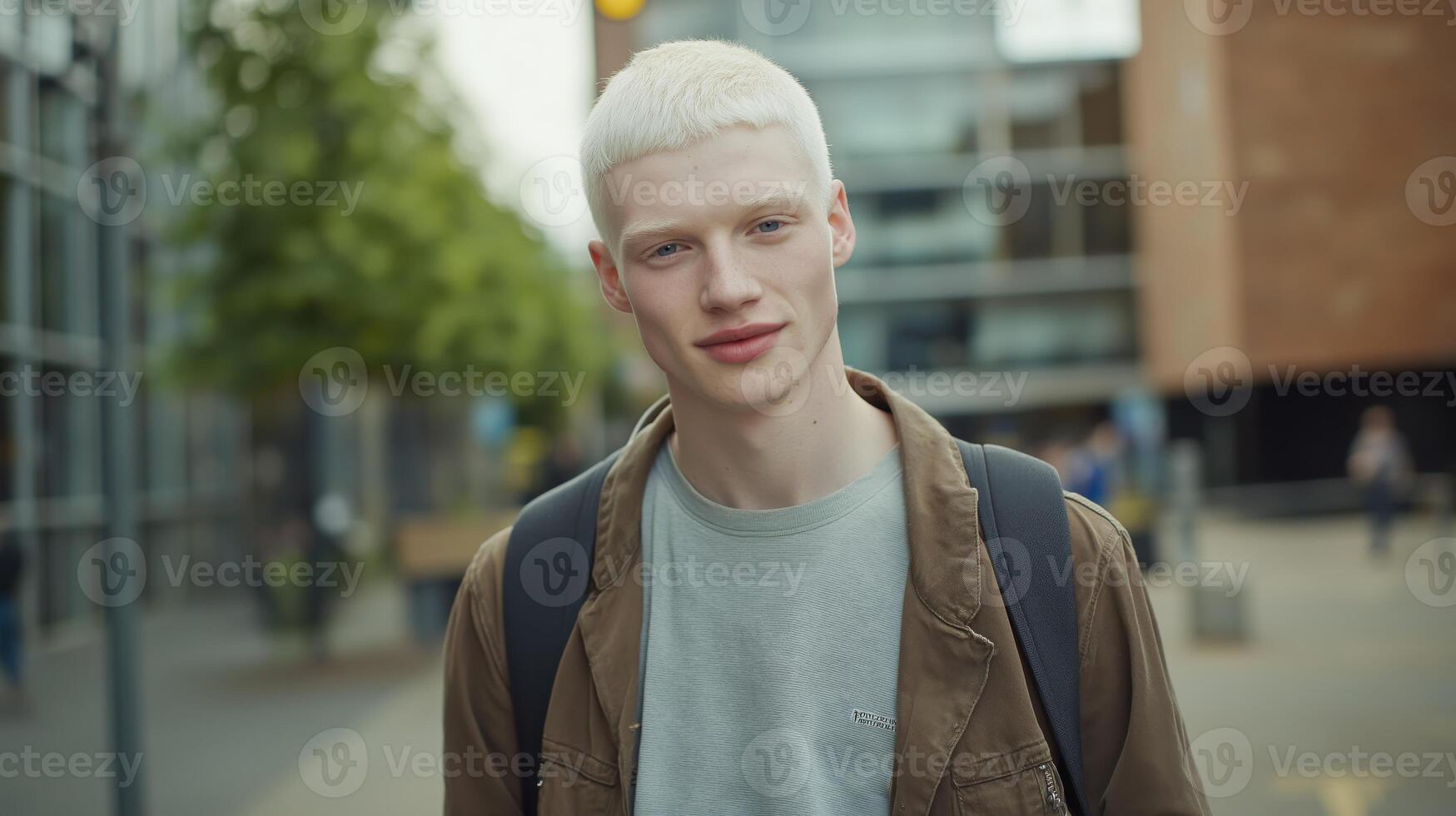 Young British Man with Albino Traits Standing Outdoors with Back to School Vibes, Ideal for Diversity and Education Themes photo