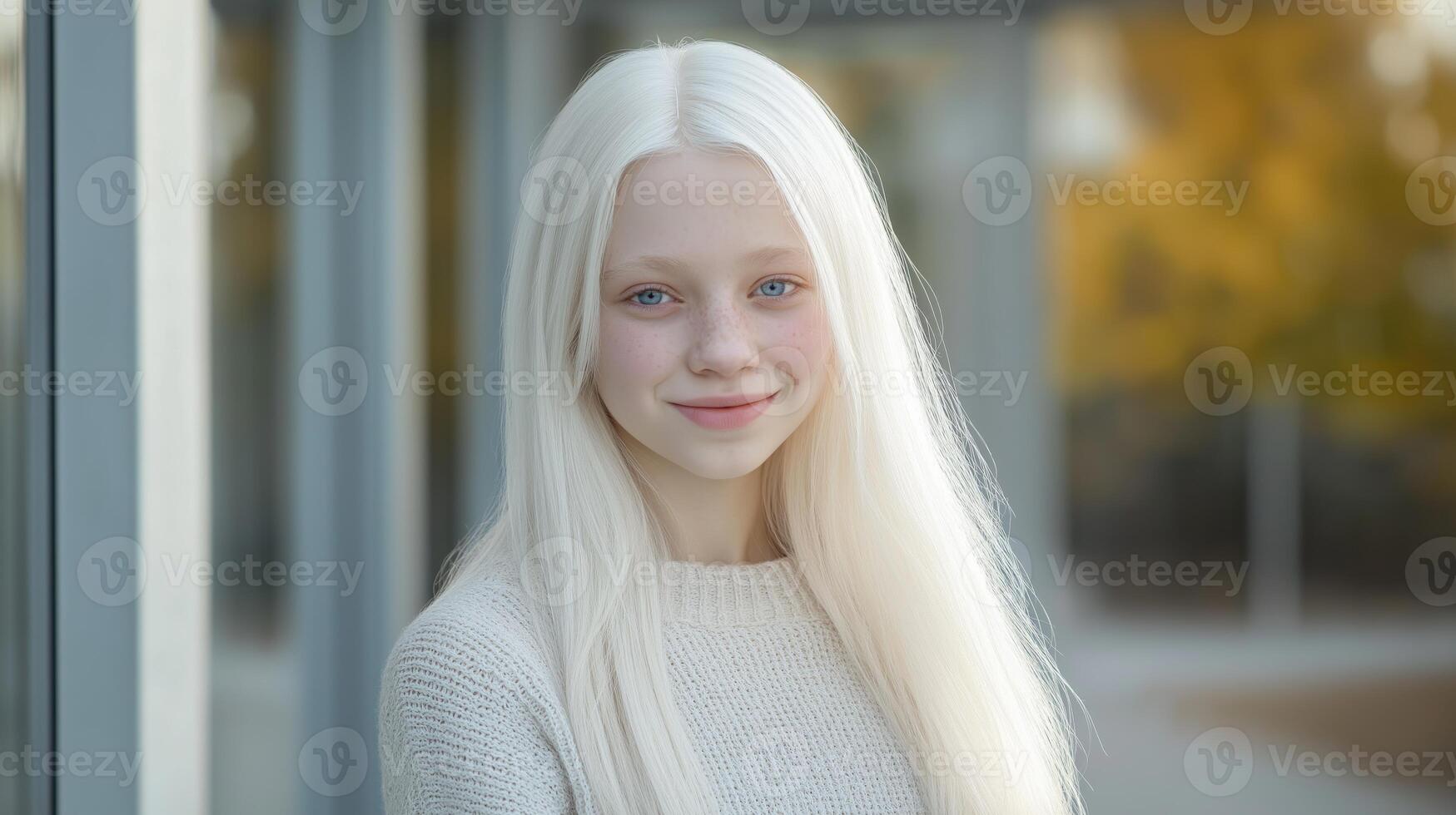 Lovely Teenage Girl with Albinism Smiling Outdoors, Embracing Natural Beauty, Fall Setting, Focused on Diversity photo