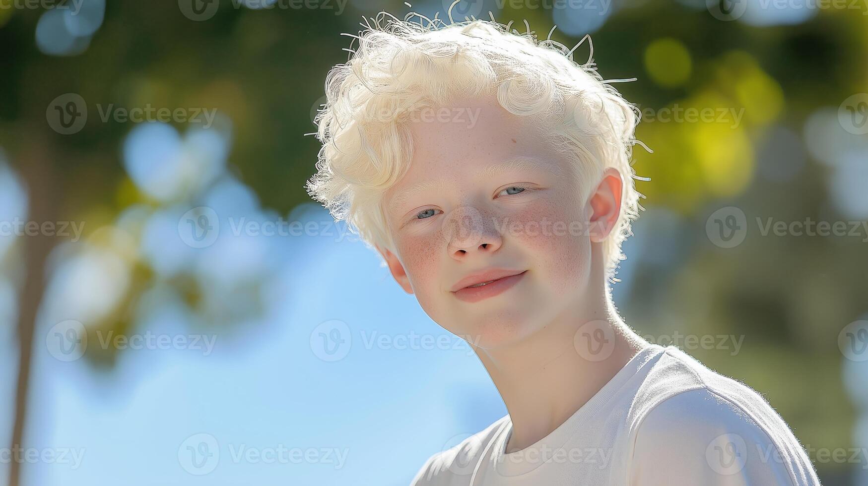 Confident Teenage Albino Boy Outdoors on a Sunny Day, Highlighting Diversity and Positive SelfImage photo