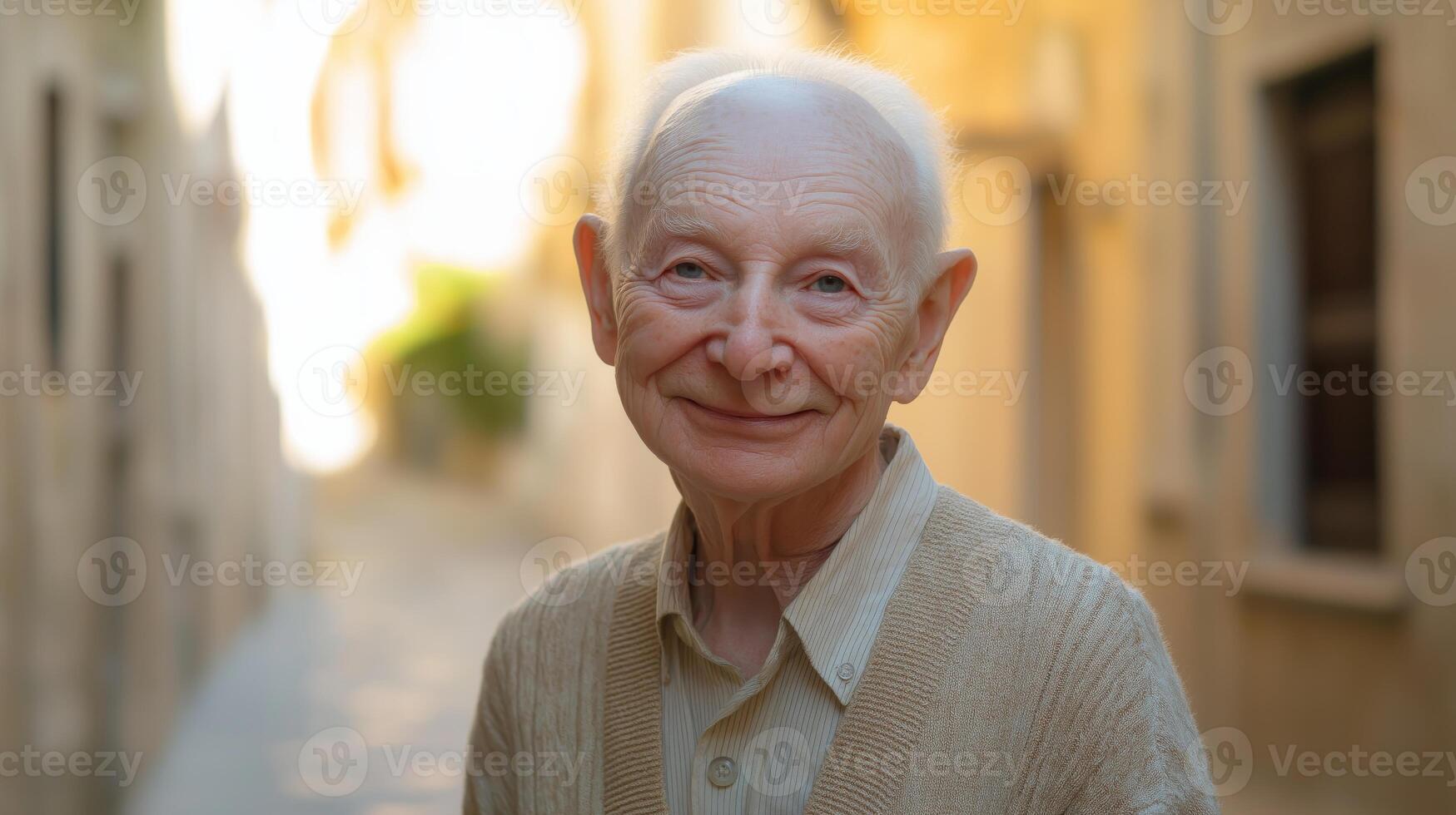 Elderly Italian Albino Man in His 70s Smiling in a Narrow Sunlit Alley of a Historical Town, Ideal for Cultural and Travel Themes photo