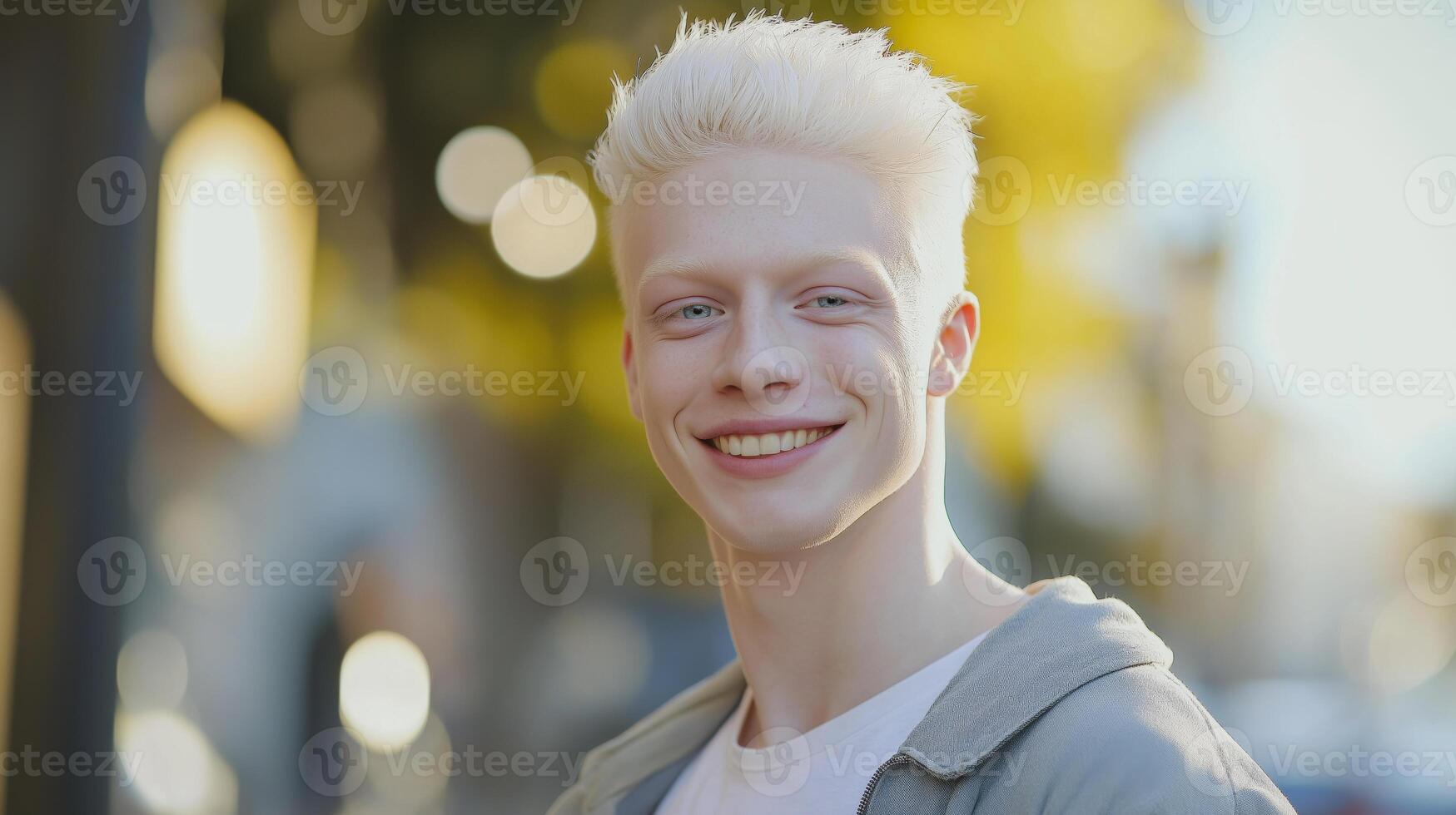 Young Albino Man in Casual Attire Smiling Outdoors During Autumn Afternoon, Perfect for Lifestyle and Diversity Themes photo