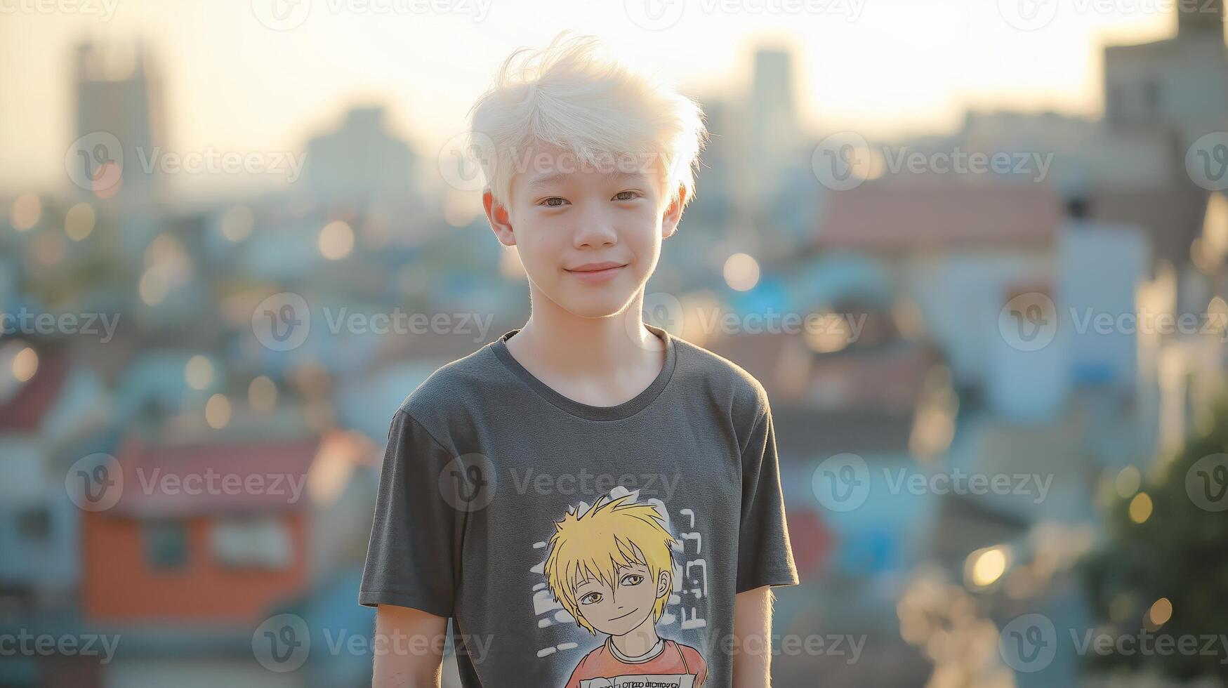 Confident Albino Indonesian Teenager Posing Outdoors, Cityscape Background, Asian Diversity, Stock Photography for Design, Print, Card, Poster photo