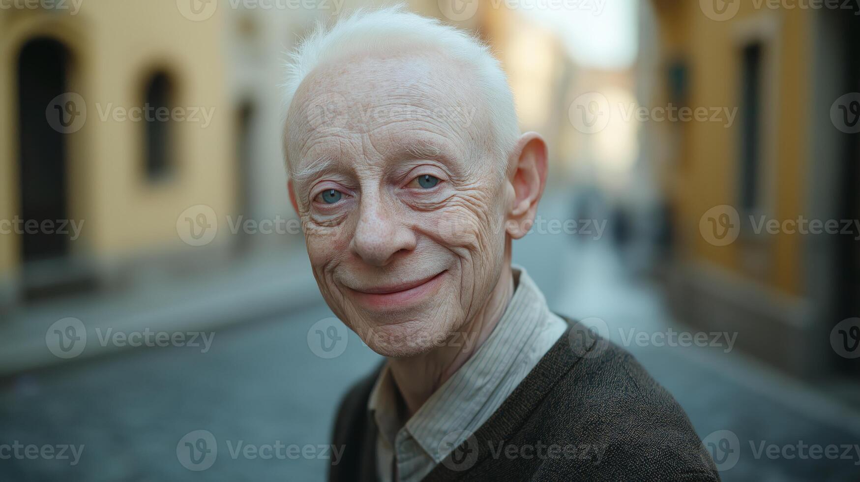Elderly Italian Man with Albinism Smiling on a Cobblestone Street in Historical Town photo