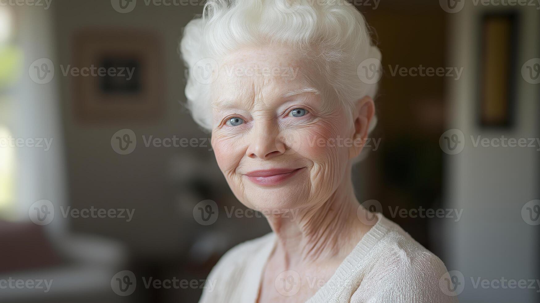 Elderly Albino Woman Smiling in WellLit Room, Portrait for Diversity, Sensitivity in Representation photo