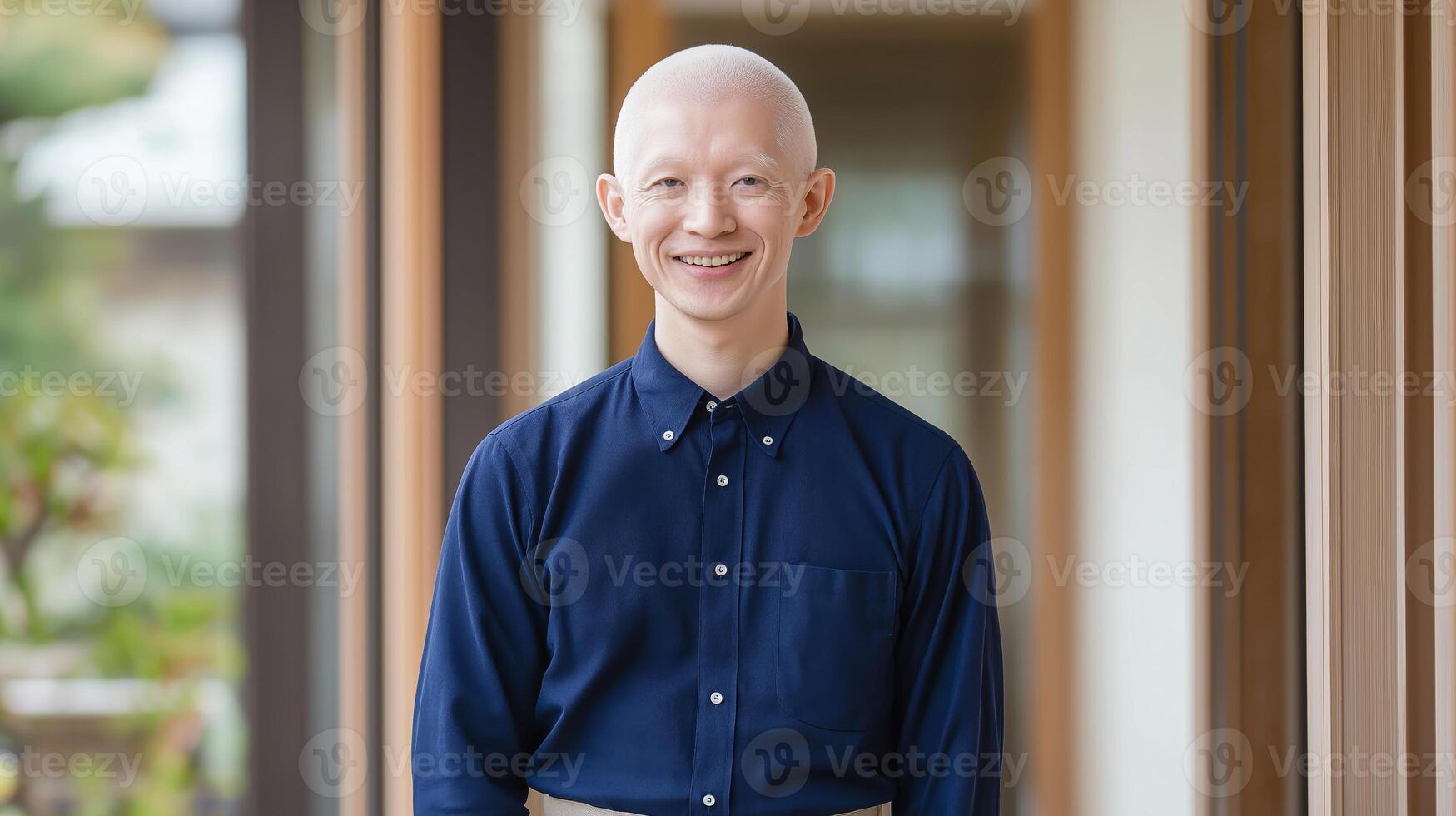Middle Aged Japanese Albino Man Smiling Warmly, Excellent for Professional, Print, or Cultural Design photo