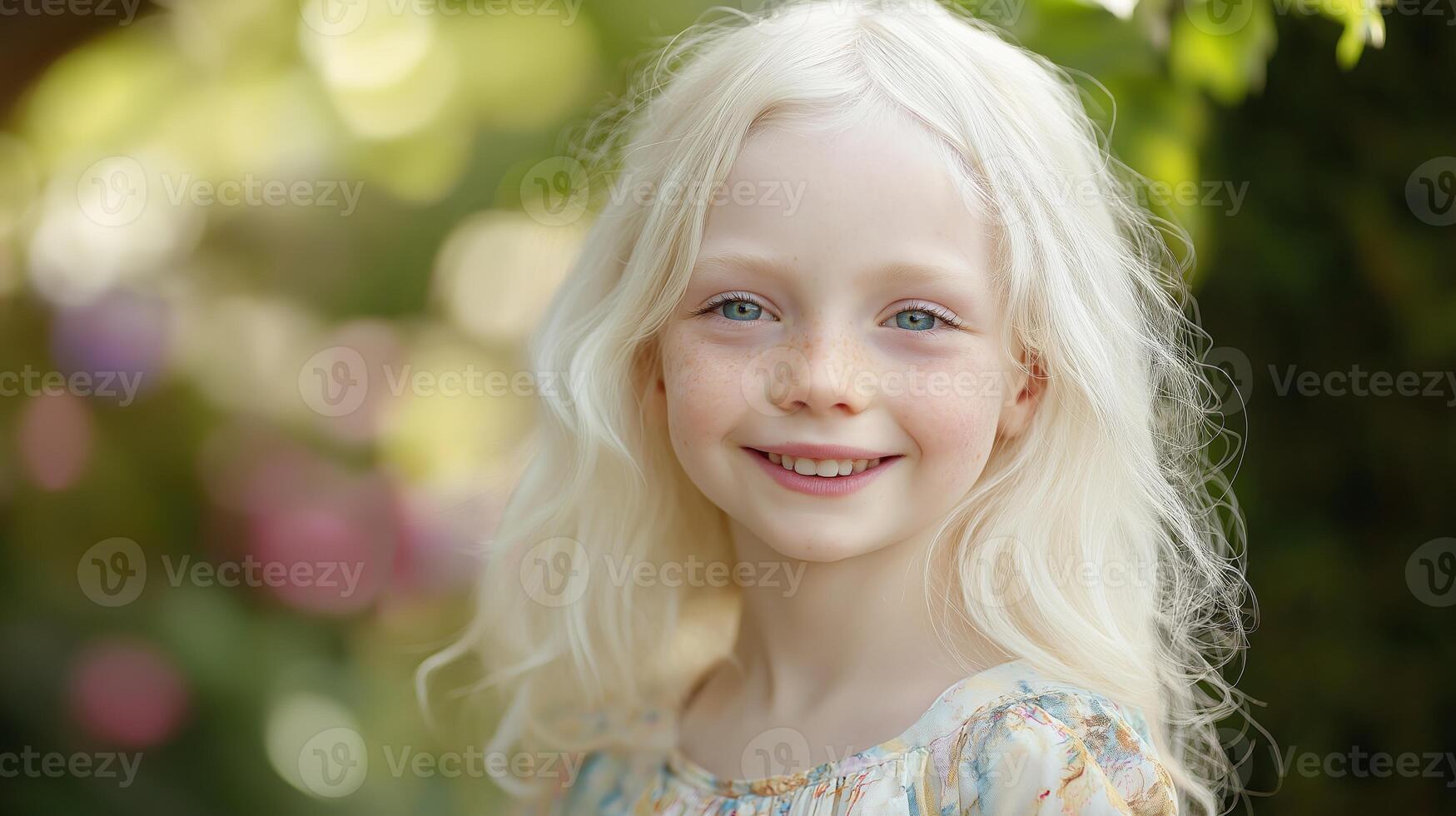 Albino British Girl with Bright Smile in a Lush Garden Setting Perfect for SpringThemed Projects Posters and Cards photo