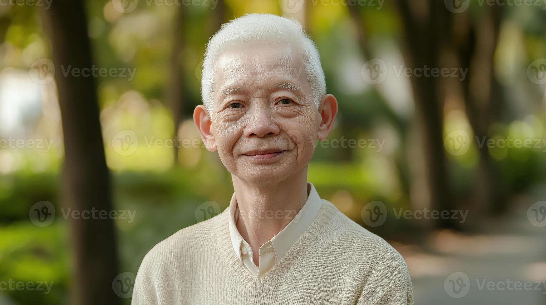 Portrait of a Southeast Asian Albino Elderly Man in a Park Setting, Ideal for Diverse Representation in Print, Design, and Media photo