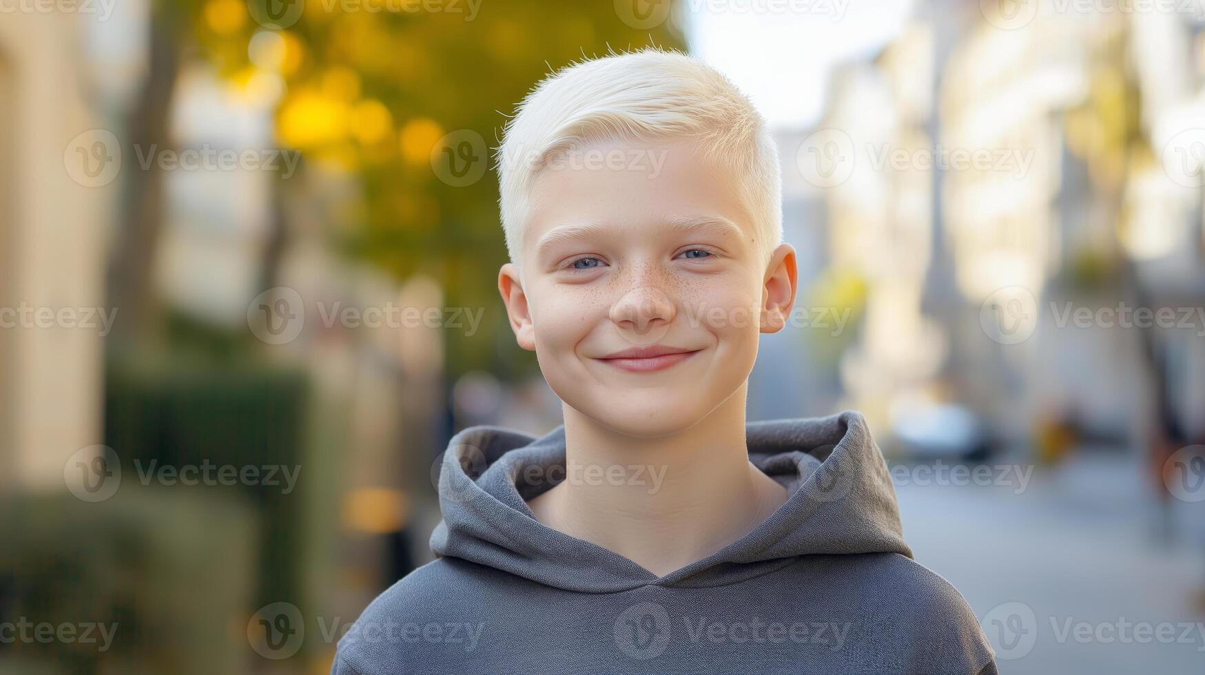 Cheerful Southern European Albino Teenage Boy Outdoors, Urban Background, Sunny Day photo