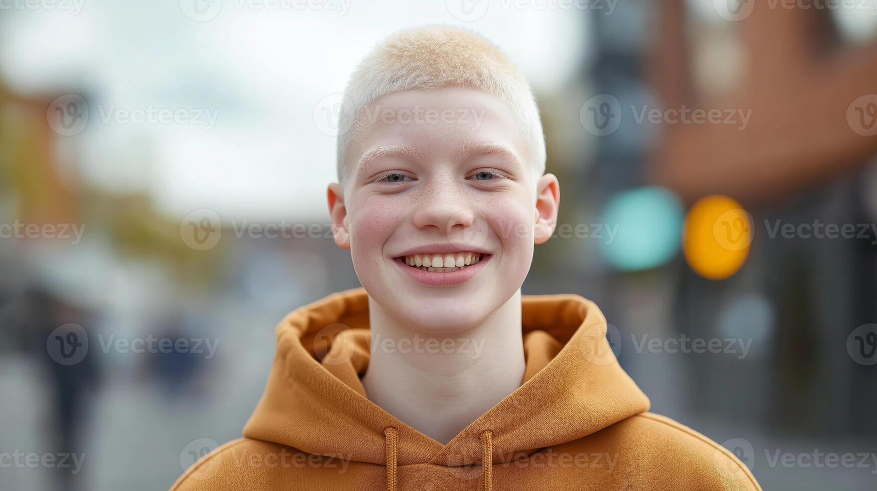 Confident British Teenage Boy with Albinism in a Bright Hoodie Standing Outdoors photo