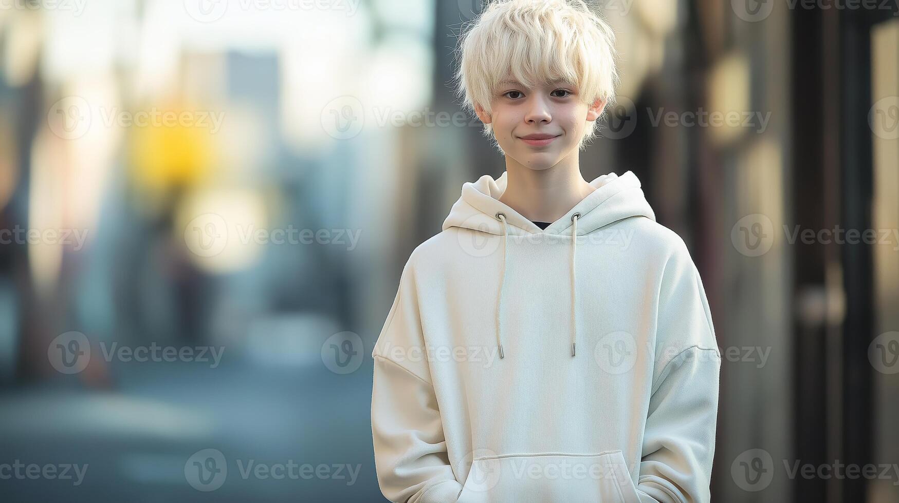Confident Japanese Albino Teenage Boy Smiling in Urban Street in Winter, Outdoor Fashion Portrait. photo