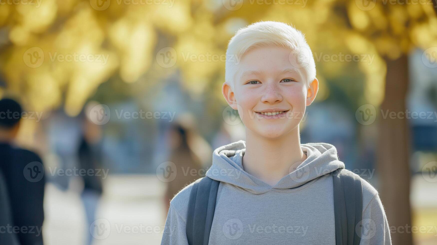 Autumn Day Outdoors, Smiling Teen, Bright Yellow Leaves, Diversity in Nature, Casual Hoodie, Sunlit Background, Stock Photography photo