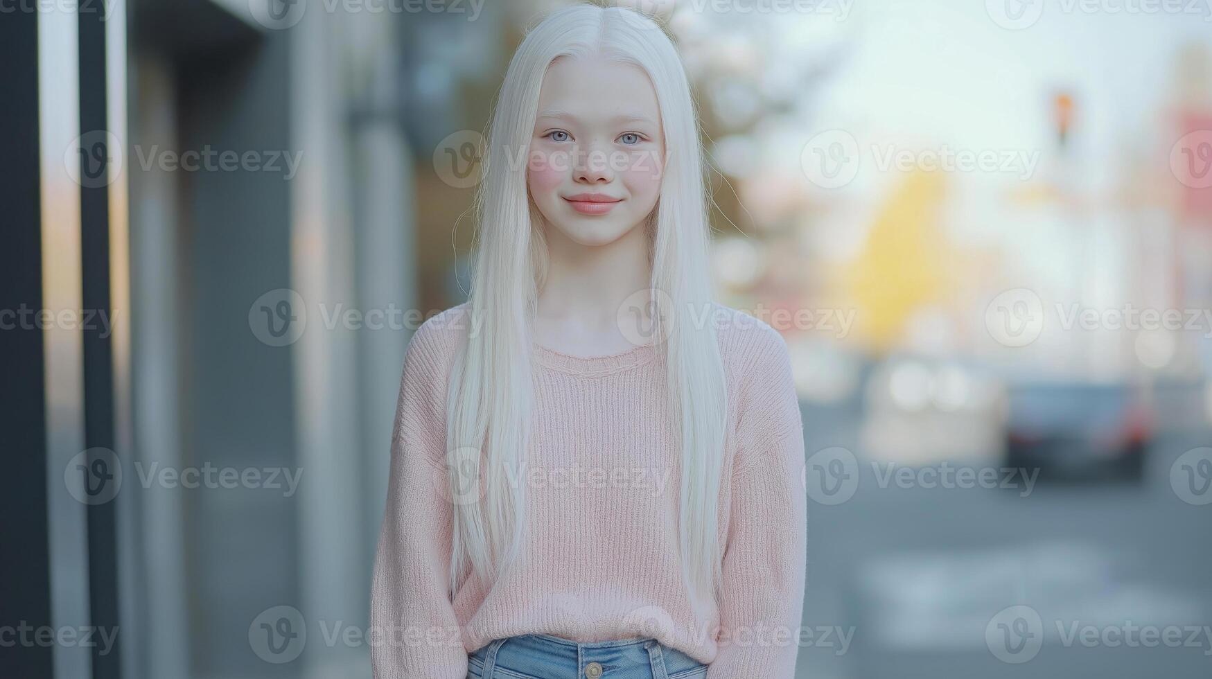 Japanese Albino Teenage Girl Smiling Outdoors in Winter Clothing for Concept of Diversity and Inclusive Representation photo