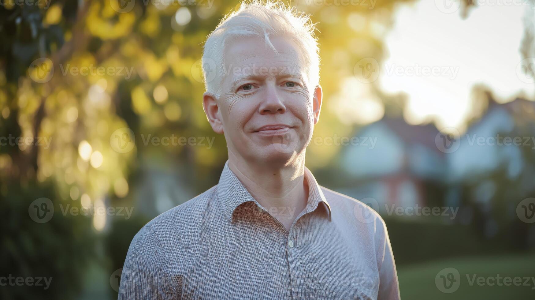 Portrait of a MiddleAged British Albino Man Smiling Outdoors in a Sunlit Garden photo