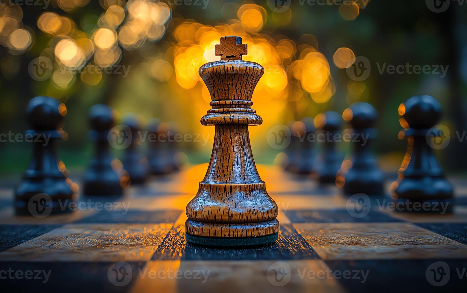 Chess pieces on a chessboard outdoors with sunlight shining through the trees, focusing on the king piece in the foreground. photo