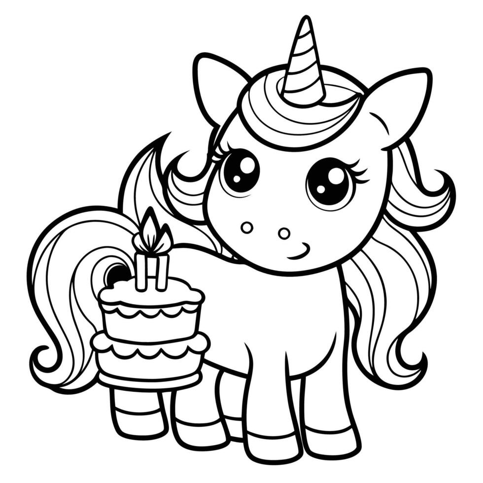 Enchanting Unicorn Birthday Party Coloring Page with Magical Details vector