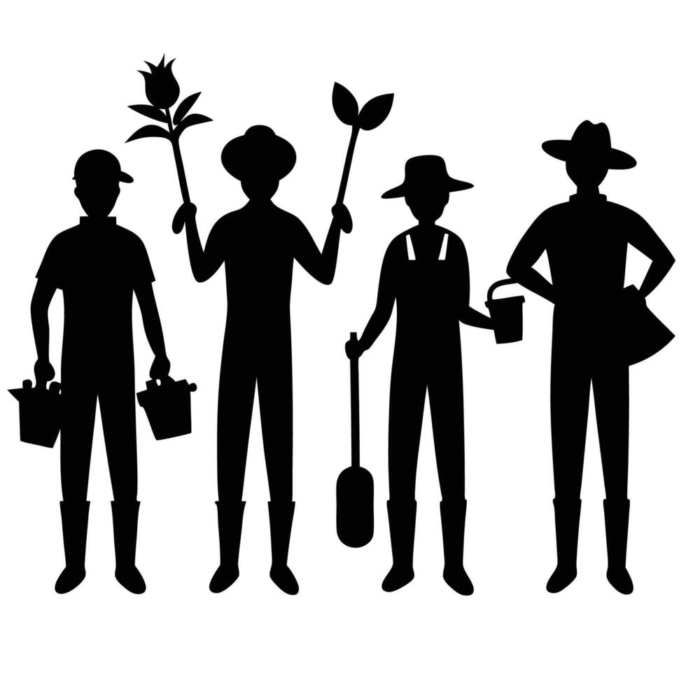 Silhouette of a Group of Six Gardeners Working Together vector