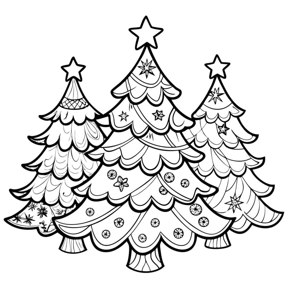 Intricate Adult Christmas Tree Coloring Page with Group of Festive Trees vector