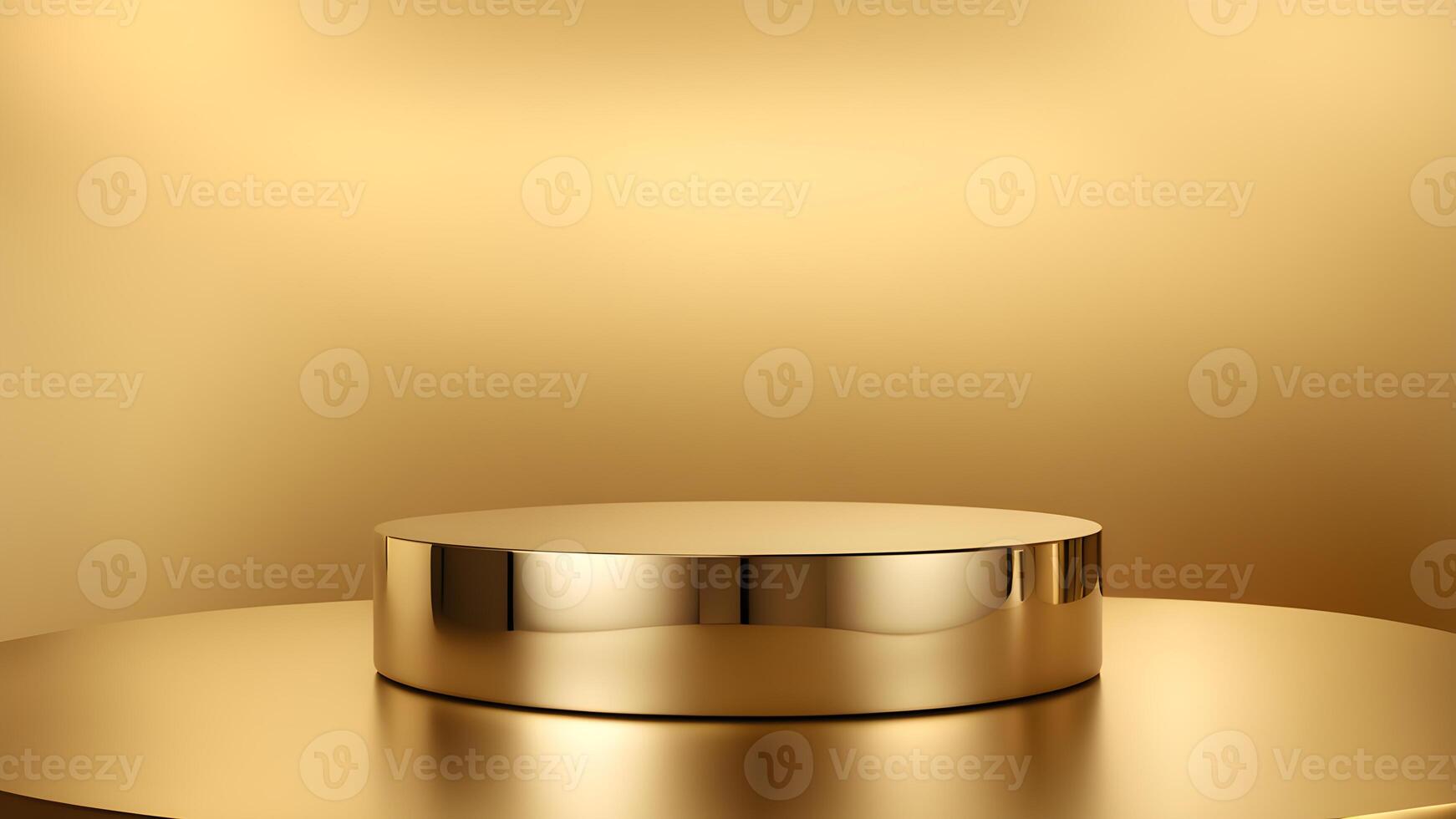 One shiny golden bold round podium stage cosmetic product display mock up on big circle stage with gold background scene photo