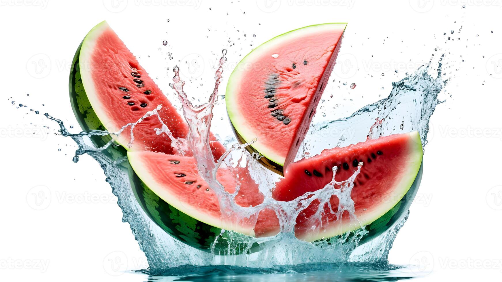 Four sliced of watermelon fruit falling into water splashing and floating in the air against white background scene isolated photo