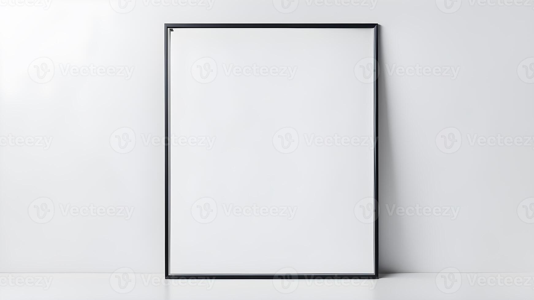 Blank black plastic rectangle vertical frame mockup on white table for creative design against white background photo
