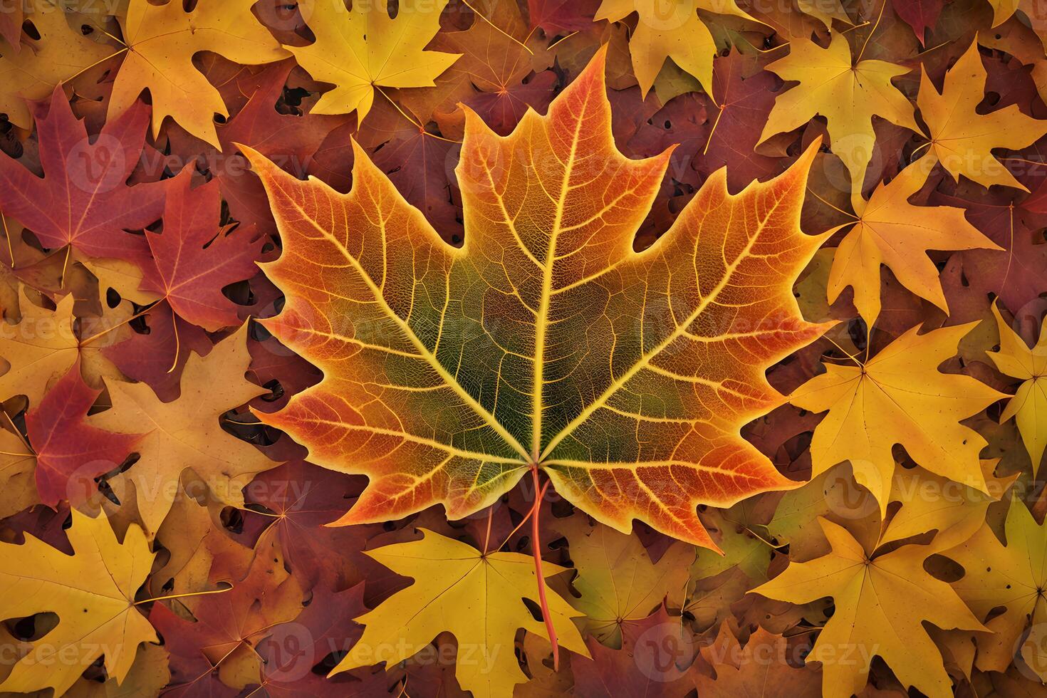 Top view of one orange maple tree leaves on ground in Autumn seasonal scene photo