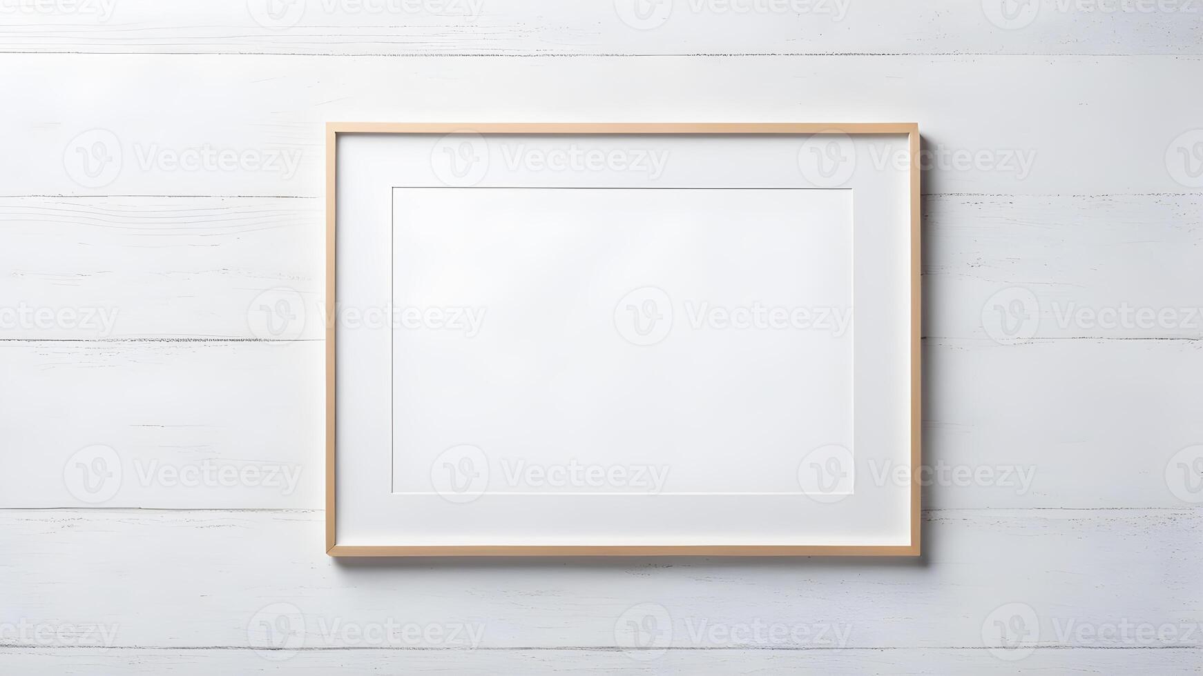 Blank beige wooden rectangle horizontal frame with white border frame inside mockup for creative design against on white wooden wall background photo