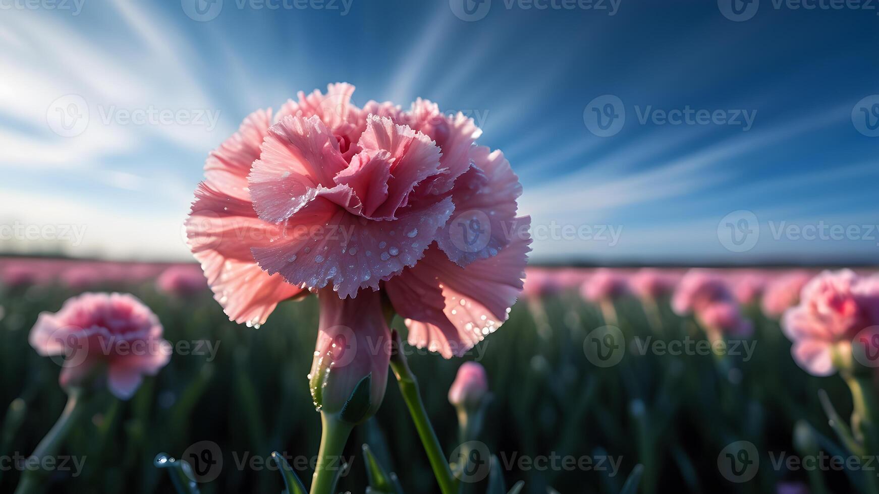 Close up of blooming pink carnation flower and dew on leaf with blurry carnations field against clear blue sky and sun light ray scene background photo