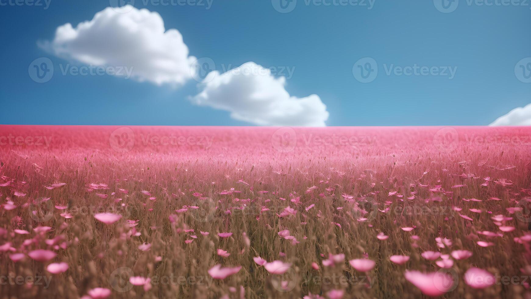 Selectice focus landscape of blooming pink flowers field against blue sky and cloudy scene background photo