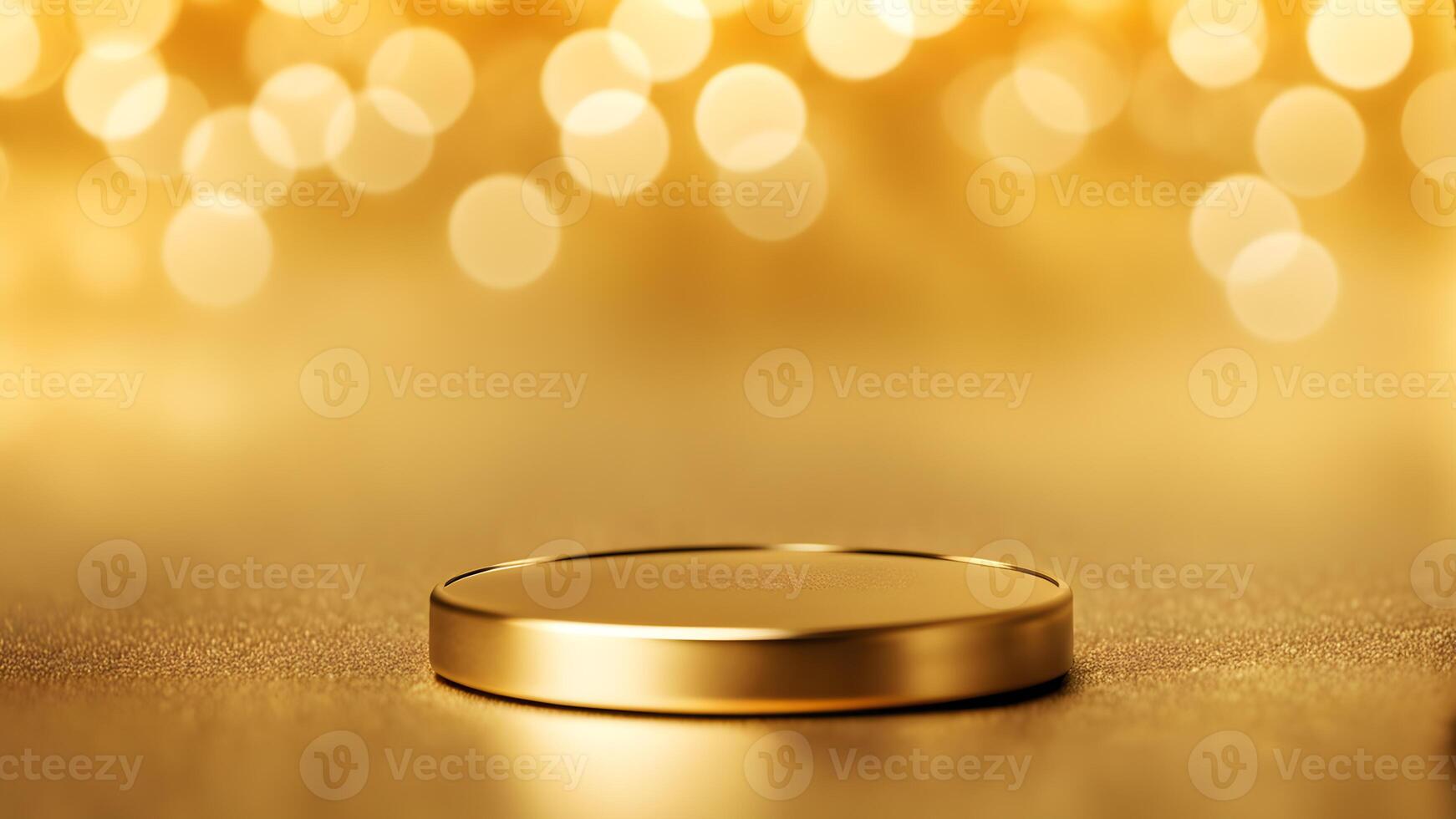 One golden round podium with edges like coin stage cosmetic product display mock up with gold light bokeh background scene photo