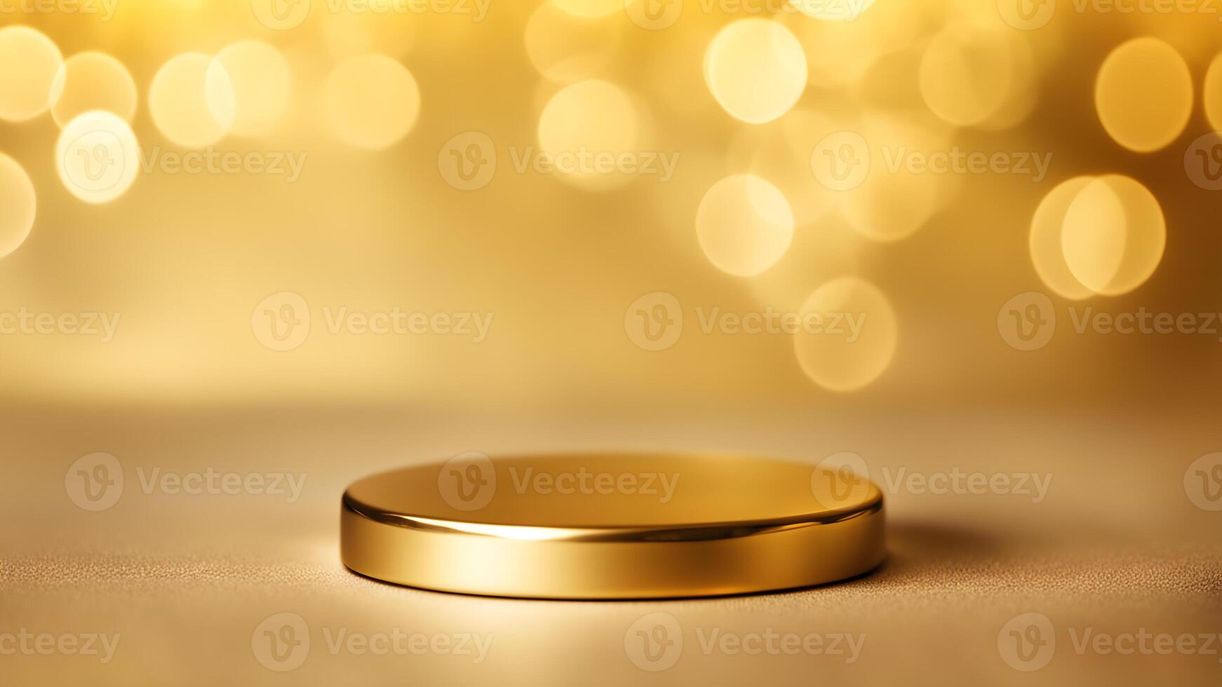 One shiny golden round podium stage cosmetic product display mock up with gold light bokeh background scene photo