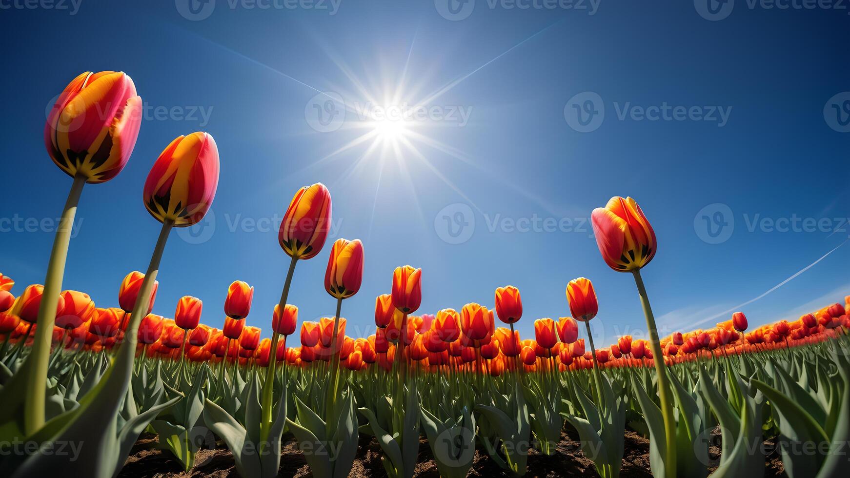 Close up of blooming red mix yellow tulip with tulips field against clear blue sky and sun light ray scene background captured by ultra wide lens from low angle view photo