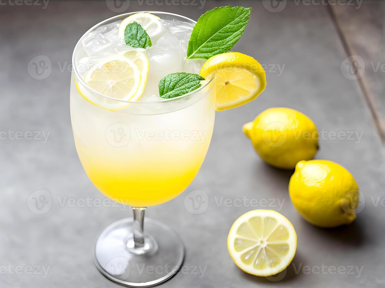 Close up high angle view of lemonade juice in wine glass on wooden table adorned with lemon sliced and mint leaf decorated two lemon fruit and one sliced lemon photo