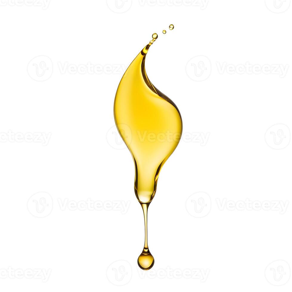 Close up of yellow fluid oil droping floating in the air, droplet dripping liquid oil isolated on white background photo