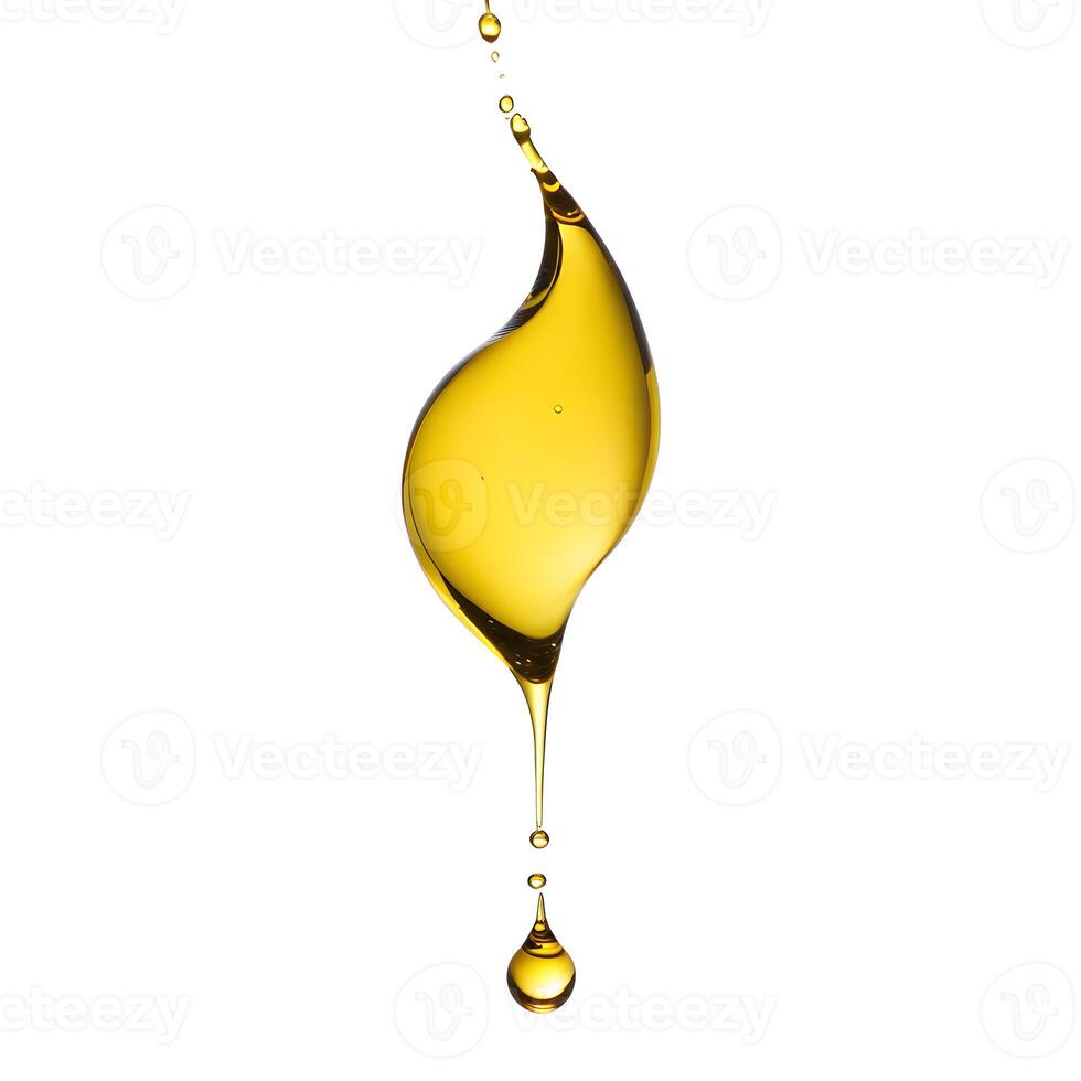 Close up of yellow fluid oil droping floating in the air, droplet dripping liquid oil material isolated on white background photo