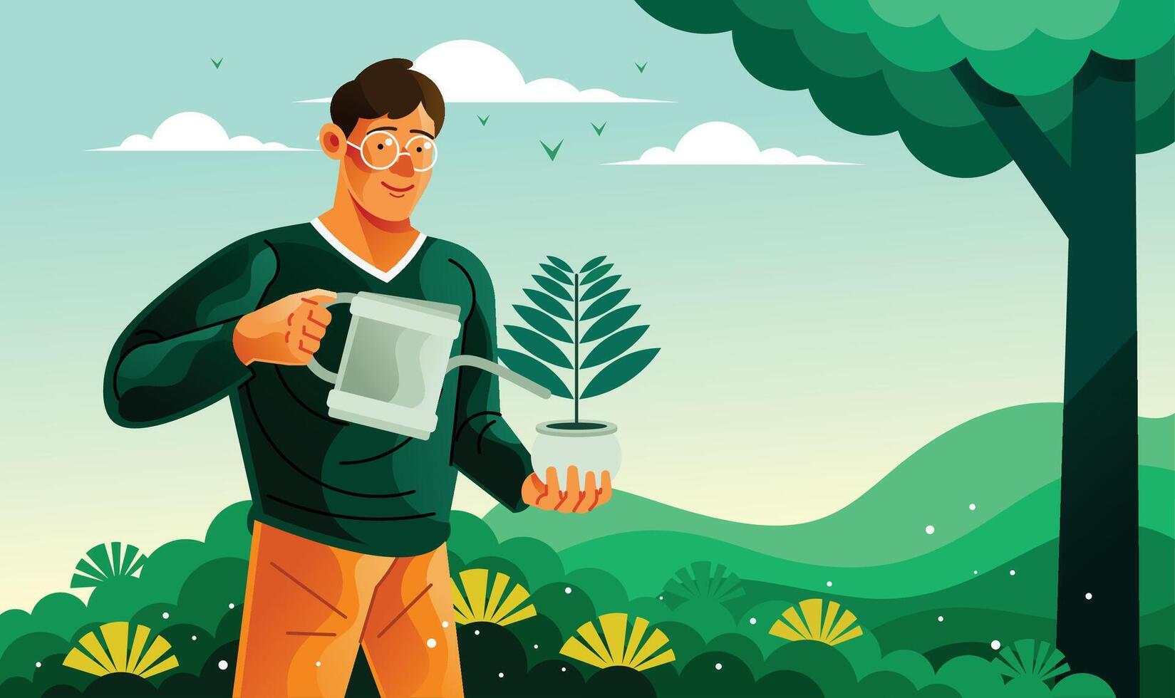 Watering Plants on the Small Pot vector