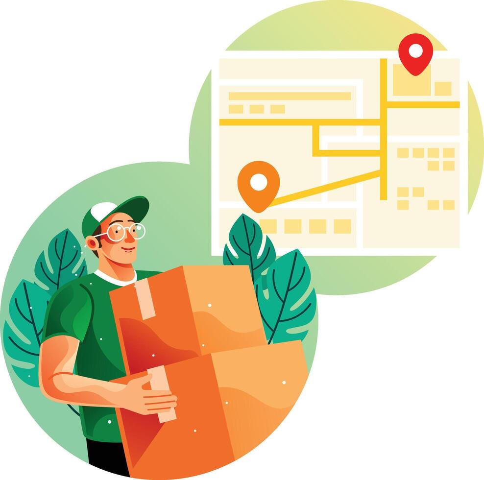 mensajero entregar bienes utilizando un en línea mapa vector